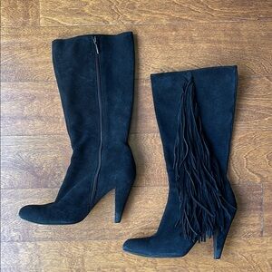 Zara Black Suede Heeled Boots with Long Fringe, Size 10